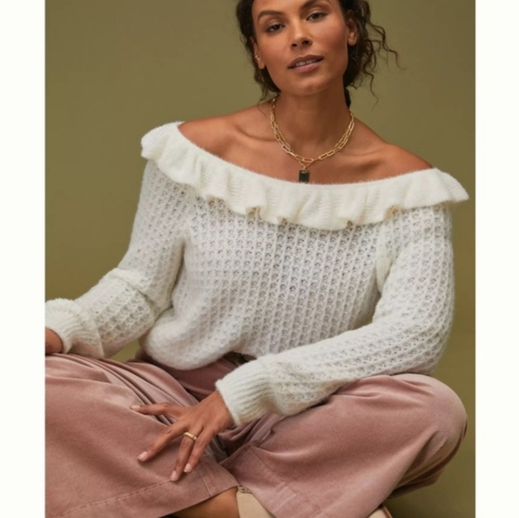 Anthropologie - White Ruffle Boat Neck Knit Sweater- Size M - Picture 3 of 9